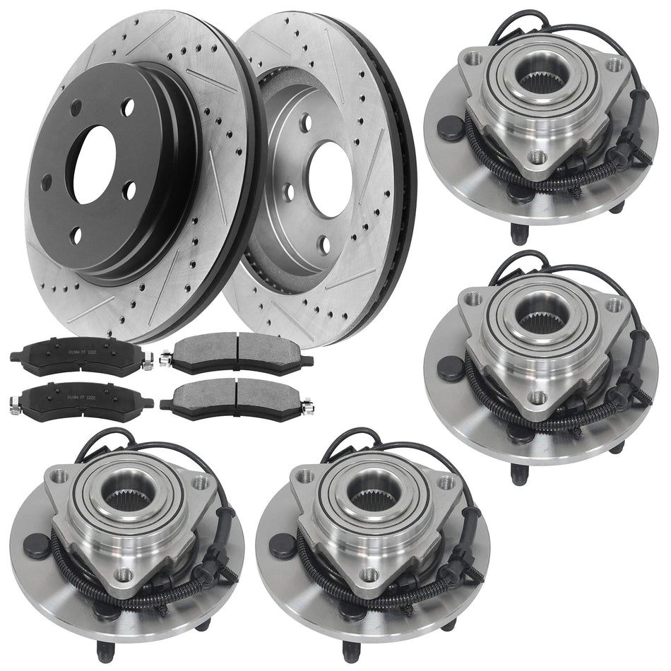 Front Brake Rotors and Pads + Wheel Bearing and Hub Assembly Fits for 2009-2010 Dodge Ram 1500, 2011 Ram 1500