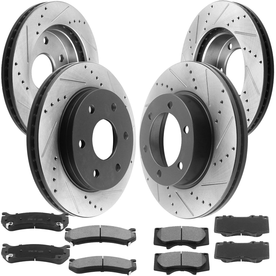 MotorbyMotor Front Rear Brake Kits Rotors and Cearmic Pads Fits for Chevy Avalanche Silverado Suburban 1500 Tahoe, GMC Sierra 1500 Yukon XL 1500, Cadillac Escalade ESV EXT Disc Brake Rotor & Brake Pad