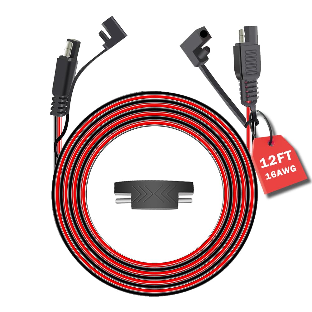 MotorbyMotor 12FT SAE to SAE Extension Cable, 16AWG SAE Extension Cable Quick Disconnect Wire Battery Charger Extension Cord Heavy Duty with SAE Polarity Reverse Adapter for Solar Panel, 16 Gauge