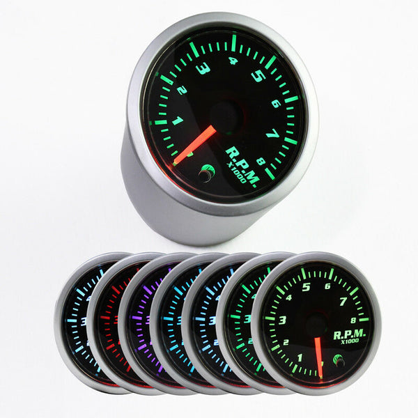 Universal 2'' 52mm RPM Gauge, 7 Color 8,000 RPM Tachometer Gauge -Smoked Lens Tacho Gauge for Car MotorbyMotor
