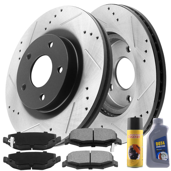 Drilled & Slotted Front Brake Discs Rotors w/Ceramic Brake Pads w/Cleaner & Fluid Fit 2011 2012 2013 2014 2015 Chevrolet Cruze [16 Cruze Limited] 2012 2013 2014 2015 2016 2017 Chevrolet Sonic 5 Lugs MotorbyMotor