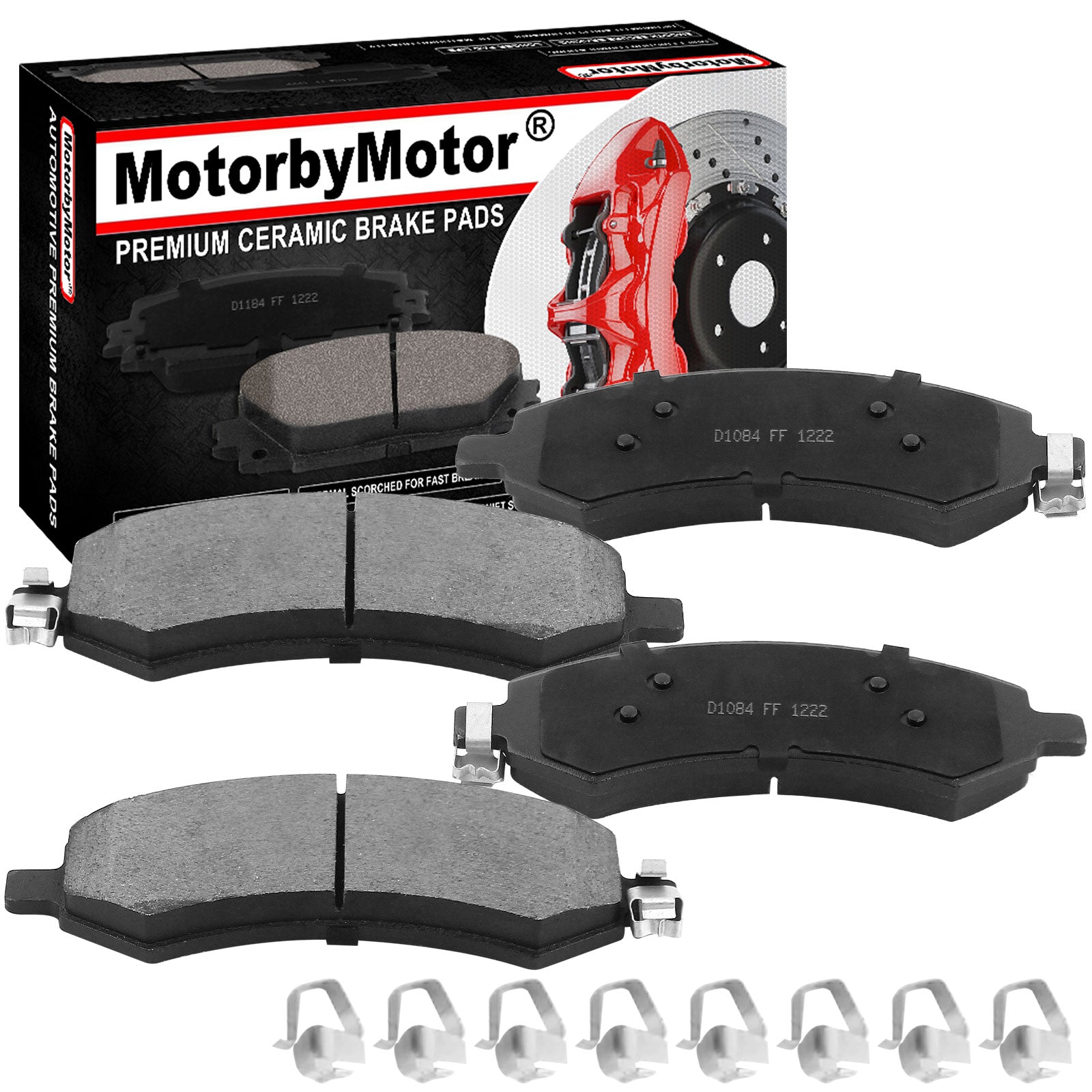 Front Ceramic Brake Pads w/Hardware Kits Fits for Chrysler Aspen, Dodge Dakota Durango Ram 1500, Mitsubishi Raider, Ram 1500 Dakota-Low Dust Brake Pad-4 Pack MotorbyMotor