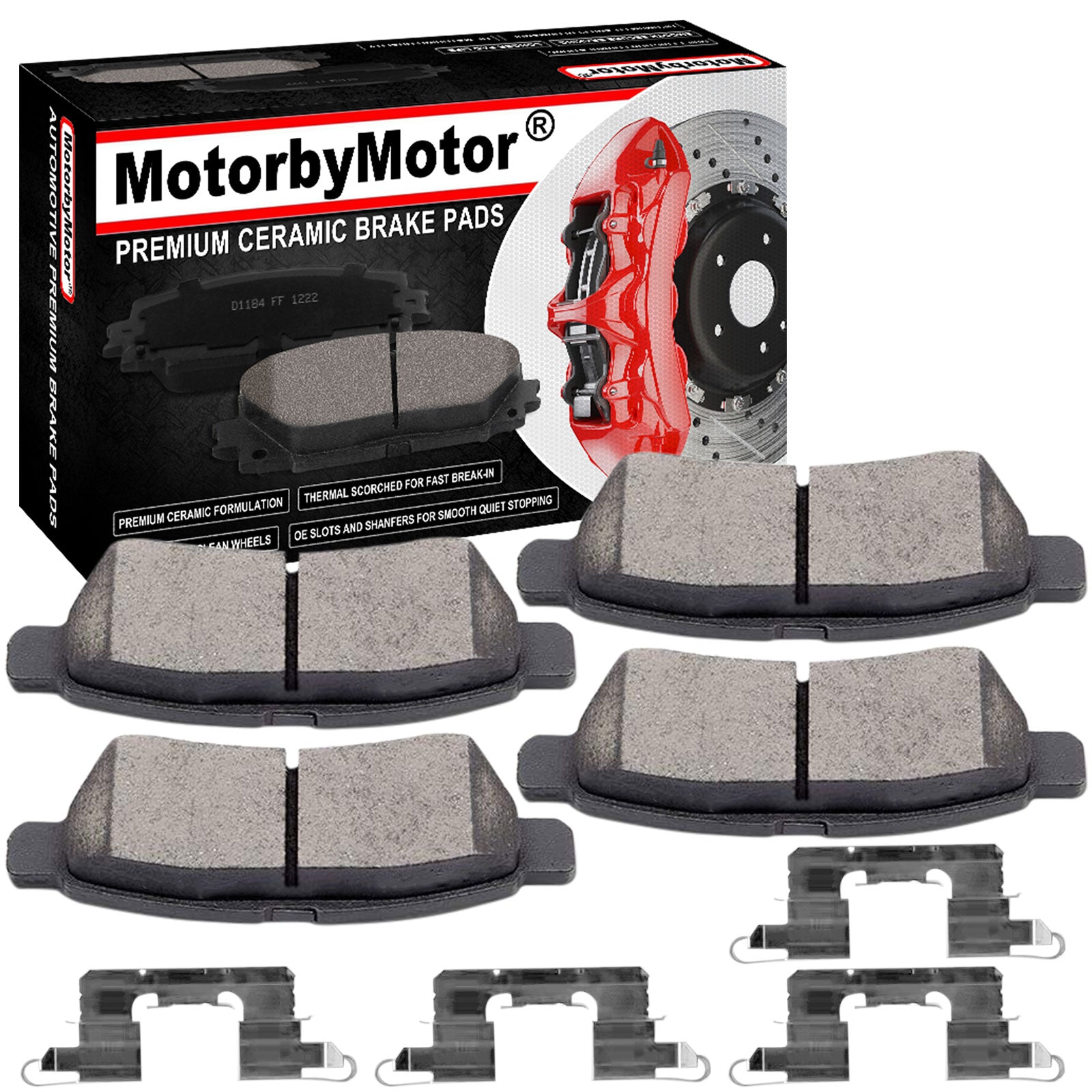 4PC Rear Ceramic Brake Pads with Hardware Kits Fits for Nissan Frontier 2005-2009, Nissan Xterra 2005-2015, Suzuki Equator 2009-2012 Low Dust Brake Pad MotorbyMotor