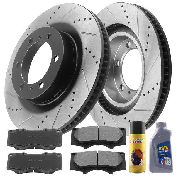 Motorbymotor Front Brake Rotors 338mm Drilled & Slotted Design Brake Rotor & Brake Pad kit Including CLEANER DOT4 FLUID Fits for Lexus GX460 2010-2020, Toyota 4Runner 2010-2020 MotorbyMotor