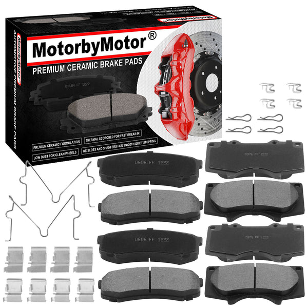 8 PCS Front & Rear Ceramic Brake Pads w/Hardware Kits Fits for Lexus GX460 GX470, Toyota 4Runner FJ Cruiser Sequoia Low Dust Brake Pad (All Models) MotorbyMotor