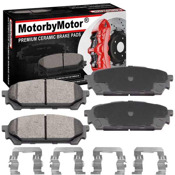 4PC Front Ceramic Brake Pads with Hardware Kits Fits for SAAB 9-2X, Subaru BAJA Forester Impreza Legacy Outback Low Dust Brake Pad (All Models) MotorbyMotor