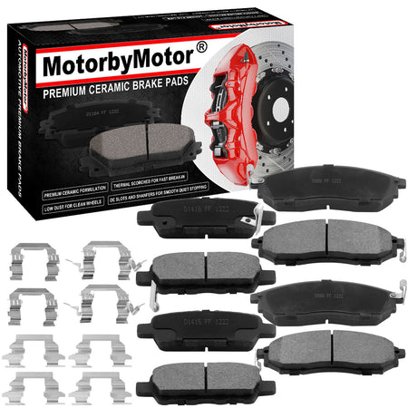 8 PCS Front & Rear Ceramic Brake Pads w/Hardware Kits Fits for Nissan Murano 2013-2014 (All Models), Nissan Murano 2011-2012 (CrossCabriolet Models) Low Dust Brake Pad MotorbyMotor