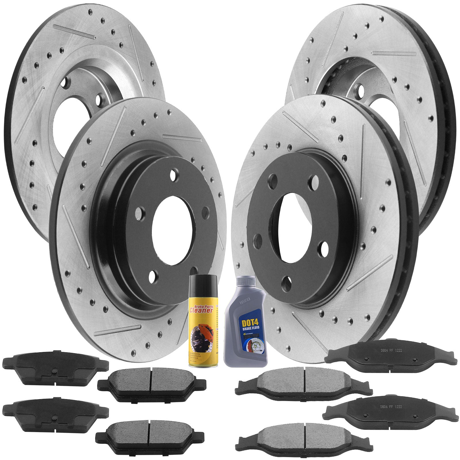 Front Rear Drilled & Slotted Brake Rotors + Ceramic Brake Pads + Cleaner & Fluid Fit for 1999 2000 2001 2002 2003 2004 Ford Mustang, 5 Lugs(Bolts Not Included)-54011 54017 MotorbyMotor