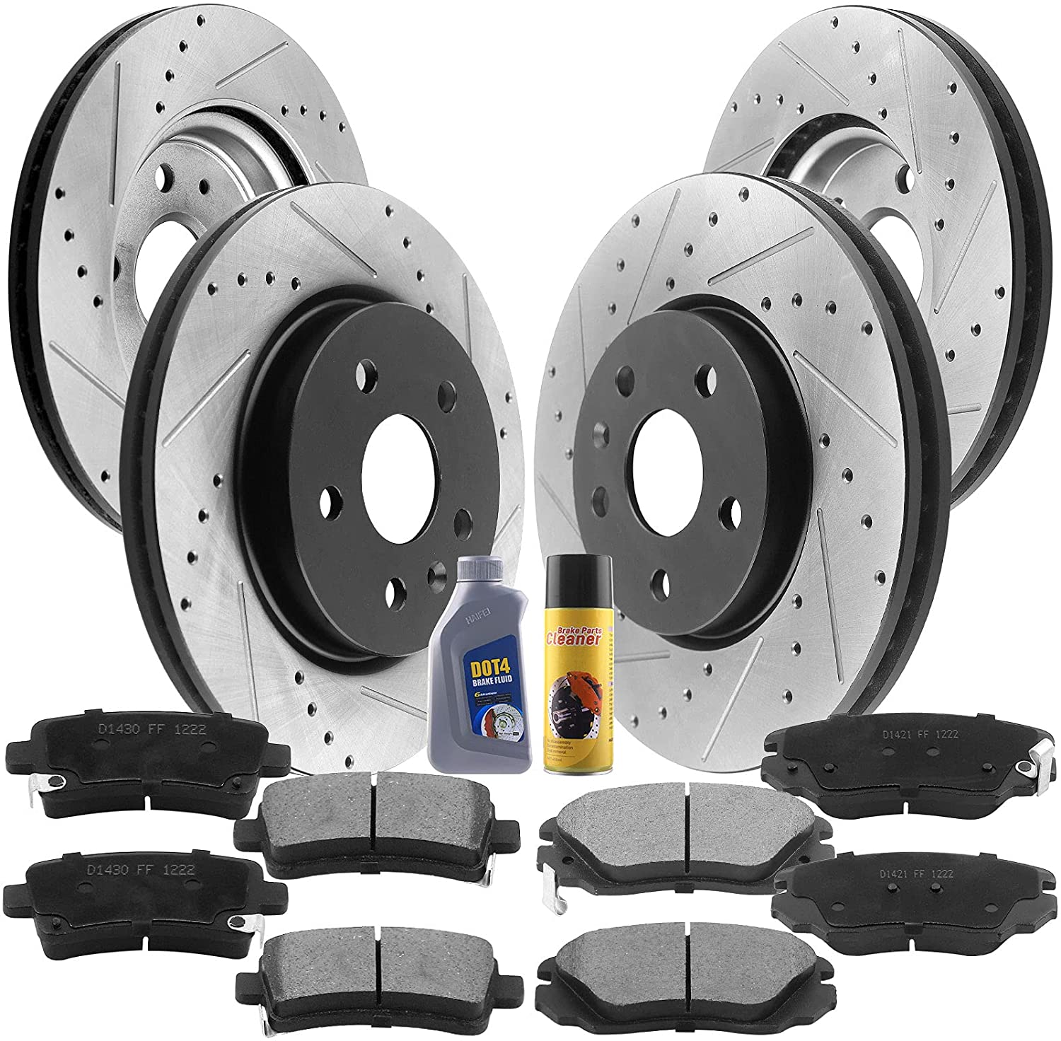 Front & Rear Drilled & Slotted Disc Brake Rotors + Ceramic Pads + Cleaner & Fluid Fits for 2010 2011 2012 2013 2014 2015 Chevy Camaro MotorbyMotor
