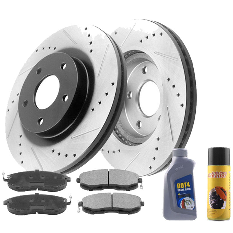 MotorbyMotor Front E-Coating 327mm Drilled & Slotted Brake Rotors & Pads CLEANER DOT4 FLUID Jeep 06-10 Commander, 05-10 Grand Cherokee MotorbyMotor