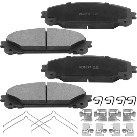 MotorbyMotor 4PC Front Ceramic Brake Pads with Hardware Kits,Lexus NX200T NX300 NX300H RX350 RX350L RX450HL RX450H, Toyota Avalon Camry Highlander Sienna Low Dust Brake Pad (All Models) MotorbyMotor
