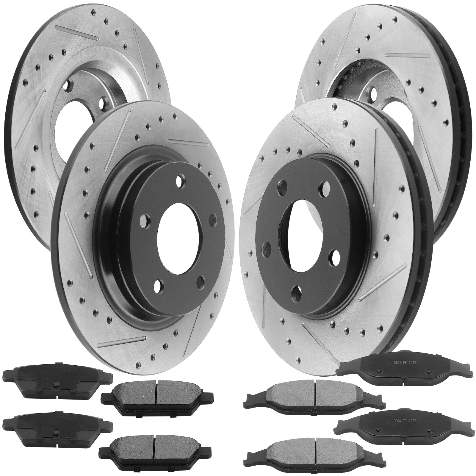 Front Rear Drilled & Slotted Brake Rotors + Ceramic Brake Pads + Cleaner & Fluid Fit for 1999 2000 2001 2002 2003 2004 Ford Mustang, 5 Lugs(Bolts Not Included)-54011 54017 MotorbyMotor