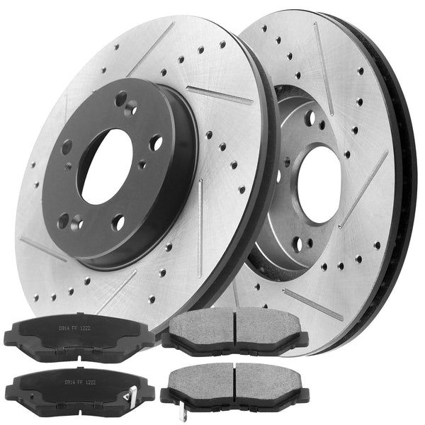 MotorbyMotor Front Brake Rotors 282mm Drilled & Slotted Design Brake Rotor & Brake Pad kit Fits for Acura ILX, Honda Civic Accord Element CR-V MotorbyMotor