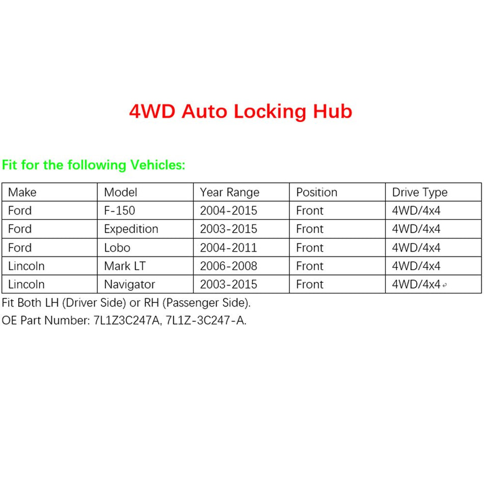 MotorbyMotor (4WD) Front Auto Locking Hub Axle Actuator Replacement - Ford (F150, Expedition), Lincoln (Navigitor, Mark LT) Locking Hubs Assembly